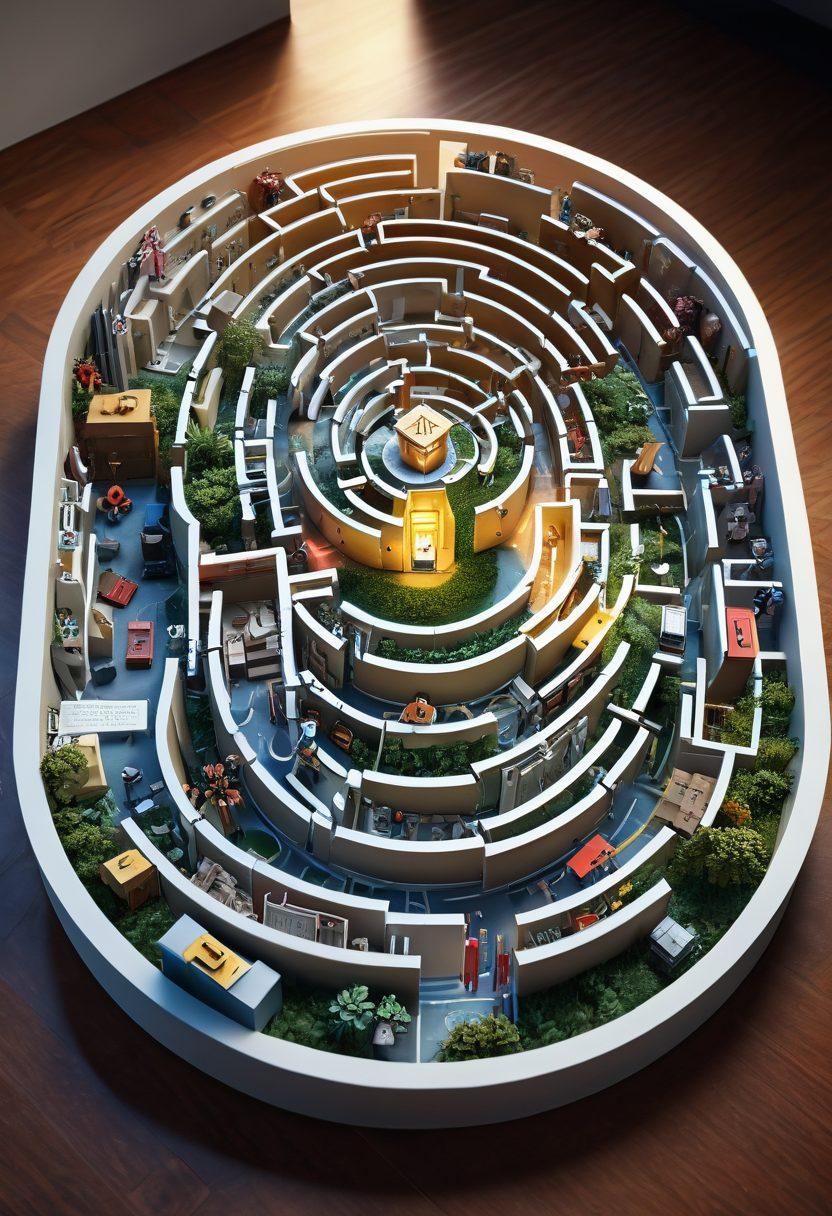 A detailed, intricate maze made of paperwork with paths leading to symbols of job protection like a shield and paid leave depicted as a treasure chest. Include people navigating the maze, looking determined, with a bright light illuminating the exit. The setting is office-like, filled with clocks and calendars, to symbolize time management. super-realistic. vibrant colors. 3D.