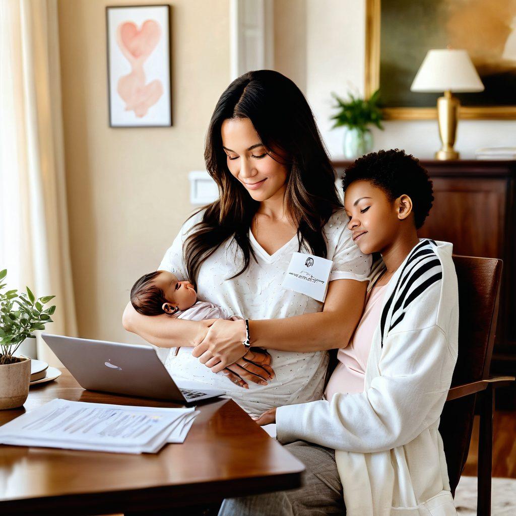 A serene scene depicting a new mother transitioning into a caregiver role, gently cradling her baby while reviewing paperwork in a cozy living room. Include symbols of rights and support, like a scale of justice and a heart, subtly integrated into the background. Soft, warm colors to evoke a sense of comfort and empowerment. super-realistic. warm tones. cozy atmosphere.