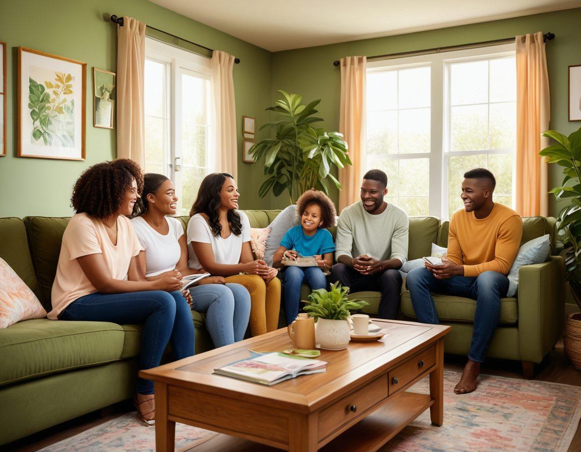 A family gathered in a cozy living room, joyfully discussing their rights with colorful FMLA documentation spread across the coffee table. Each member is visibly engaged, with positive emotions depicted on their faces. Light streams through a window, creating a warm, inviting atmosphere filled with plants and family photos. Include soft pastel colors for a calming effect. super-realistic. vibrant colors.